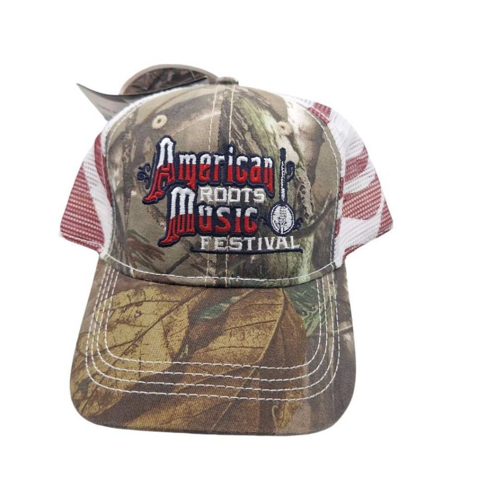 American Roots Music Festival Hat Cap American Flag Mesh Adjustable Tags‎ Banjo